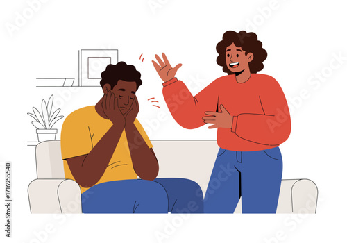 Sad man consoled by smiling woman on couch, suitable for relationship counseling or mental health concept visuals.