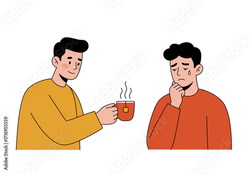 Man showing kindness and offering tea to comfort a friend. Suitable for mental health awareness, friendship, support, empathy concepts.