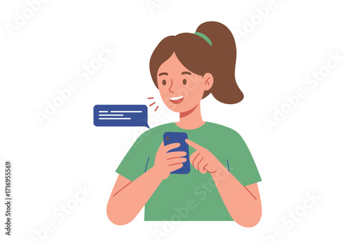 Woman holding phone with text message bubble. Suitable for technology, communication, digital advertising, messaging concepts. Modern digital communication visual.