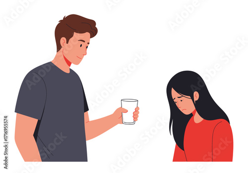 Man extends a glass of water to comfort a distressed woman. Suitable for mental health, support services, listening, empathy concepts.