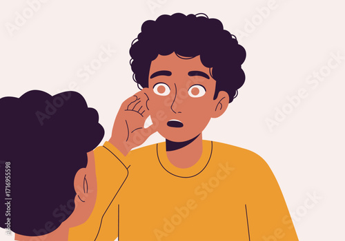 Two dark haired individuals, one engrossed in gossip. Suitable for concepts of conversation, secrets, rumors, eavesdropping, friendships, and relationships.