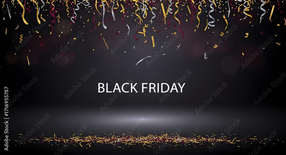 Naklejka premium Black Friday sale banner with confetti, sparkles, and dramatic lighting for promotional marketing campaigns