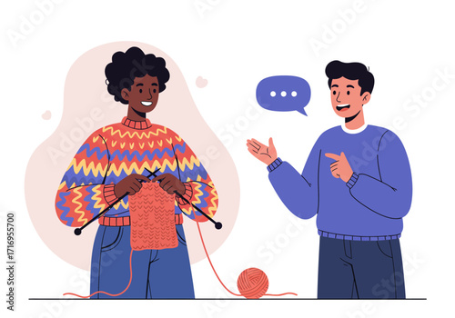 Two people chatting while one person crafts with yarn. Suitable for crafts or socializing concepts in graphics or design.
