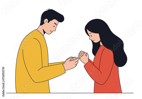 Romantic proposal captured, man gently placing ring on womans finger. Suitable for wedding, love, engagement concepts in design projects.