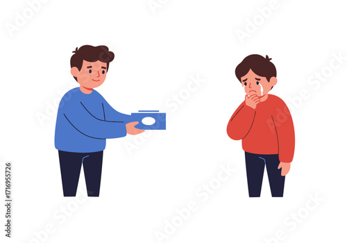 Kind man offering tissues to a crying boy in sadness. Suitable for emotional support and kindness concept designs.