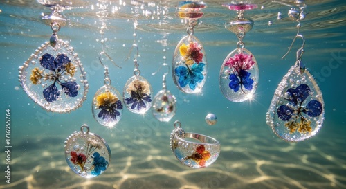 Collection of delicate resin jewelry featuring pressed flowers, suspended underwater with sunlight shimmering through the water.
