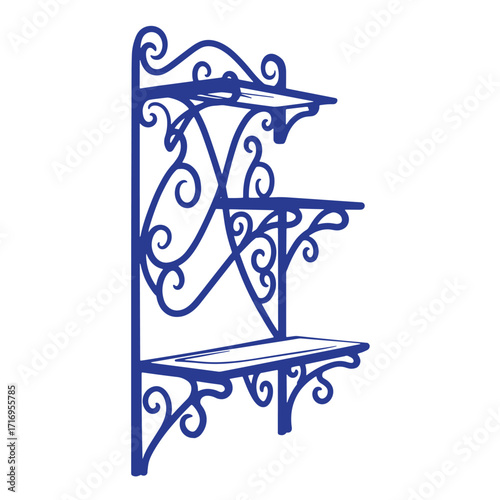 Blue decorative wrought iron wall shelf with ornate scrollwork and three tiers