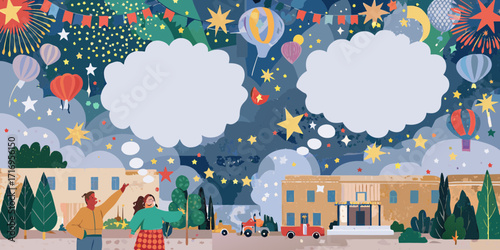 Festive night sky with fireworks hot air balloons and starry clouds above a town celebration