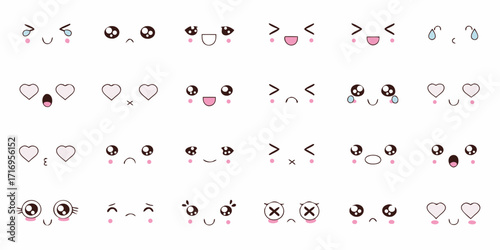 Collection of cute kawaii faces expressing various emotions and feelings with simple line art style