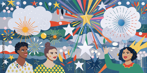Diverse group of friends celebrating under a vibrant starry night sky with colorful fireworks and abstract shapes