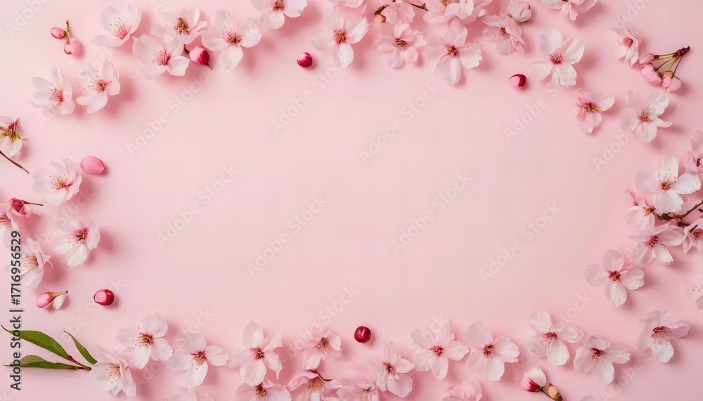 Fototapeta premium Delicate Cherry Blossom Frame on Soft Pink Background, Springtime Elegance