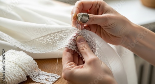 Close-up of a person's hands meticulously sewing delicate white lace onto a piece of fabric with a needle and thread.