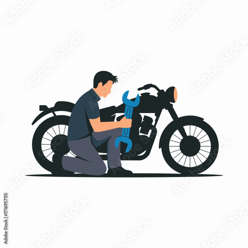 Man Repairing Motorcycle Illustration – Mechanic Service Vector Design