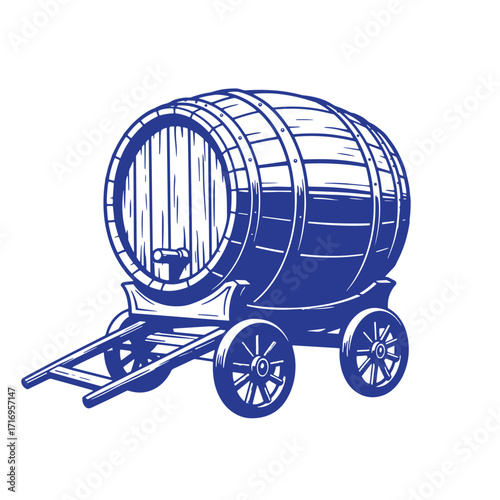 Blue vintage barrel on wagon vector illustration for brewery and pub designs