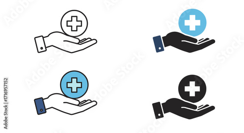 Medical Care Hand Icon Set – Healthcare, Hospital, Pharmacy, First Aid, Safety Symbol Vector
