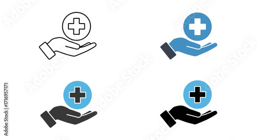 Medical Care Hand Icon Set – Healthcare, Hospital, Pharmacy, First Aid, Safety Symbol Vector