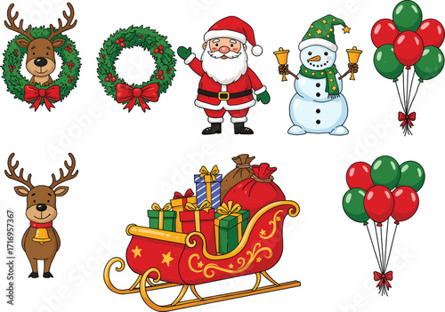 Christmas festive illustration with Santa Claus, snowman, reindeer, sleigh full of gifts, holiday wreaths, and colorful balloons decoration