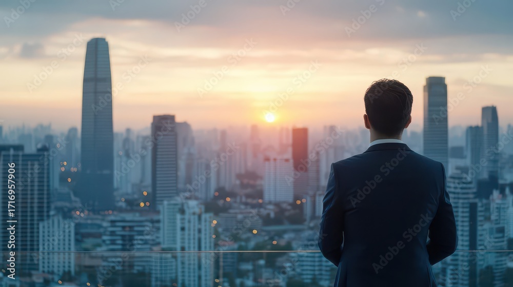 Fototapeta premium Businessman Standing with Back View Overlooking Modern City Skyline at Sunset with Tall Buildings and Urban Landscape for Corporate and Professional Concept