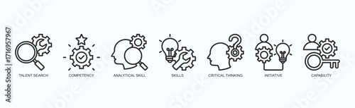 Powering Competence Icon Set Isolated Vector With Icon Of Talent Search, Competency, Analytical Skill, Skills, Critical Thinking, Initiative, Capability In Outline Style