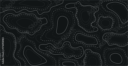 Abstract topographic contour map illustration on a dark background, featuring elevation lines and dotted paths.
