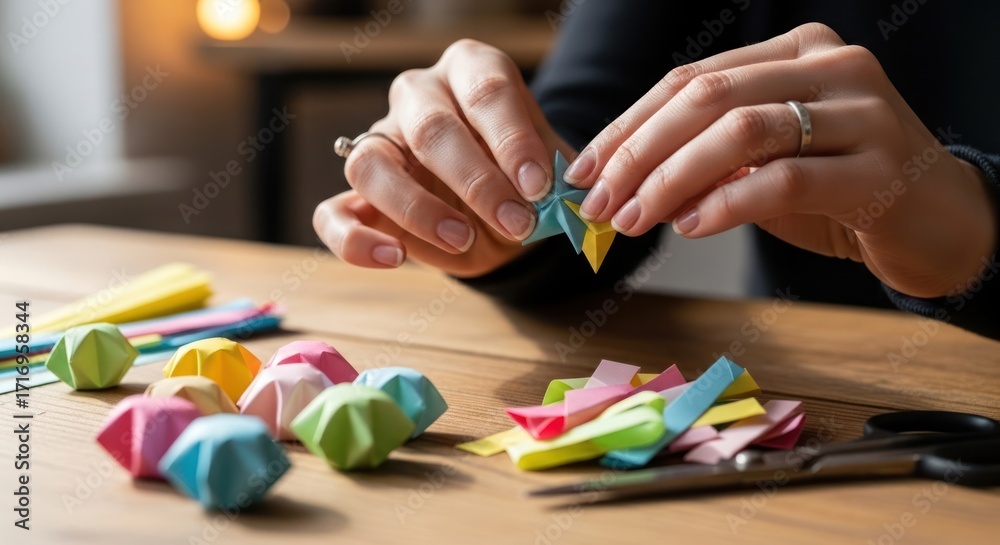 Naklejka premium Close-up of hands crafting colorful origami stars from folded paper strips on a wooden table.