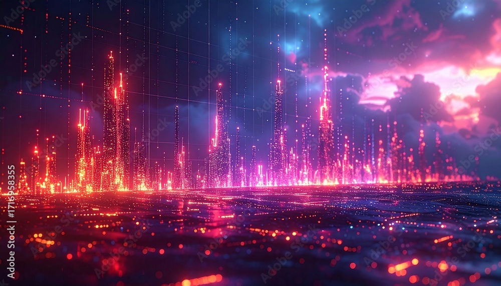 Fototapeta premium A futuristic cityscape glows with vibrant neon lights, illuminated by a dramatic, colorful sky.