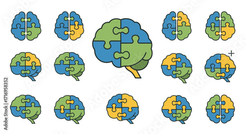 Brain Puzzle Icon Set for Mental Health and Psychology.