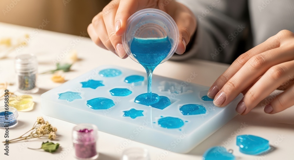 Naklejka premium A person is pouring blue resin into a silicone mold to create small decorative shapes.