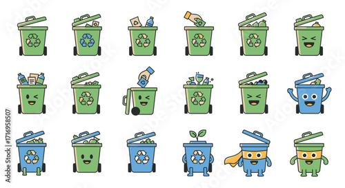 Collection of Cute Recycling Bin Cartoon Characters for Environmental Awareness.