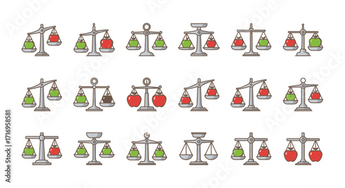 Collection of HandDrawn Scales Icons Representing Balance and Justice.