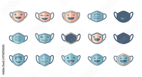 Collection of face masks with various happy and smiling expressions promoting safety with a positive attitude.
