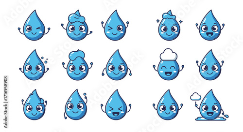 Cute Water Droplet Characters with Various Emotions and Actions.