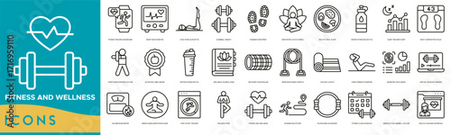 Fitness and Wellness icon set. Fitness Tracker Dashboard, Heart Rate Monitor, Yoga Pose Silhouette, Dumbbell Weight Icon, Running Shoe Print and Meditation Lotus Symbol