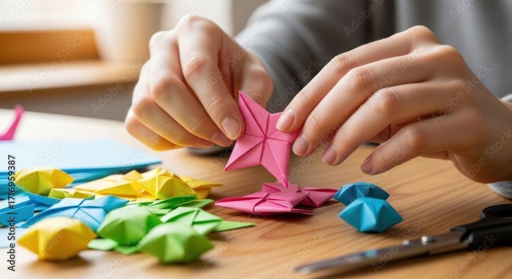 Naklejka premium Close-up of hands folding colorful origami stars on a wooden desk, surrounded by finished paper crafts and scissors.