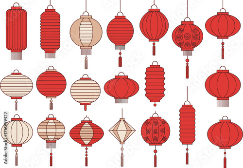 Traditional Chinese red lantern collection with festive designs, Lunar New Year decorations, Asian culture celebration, holiday hanging lamp vector illustration