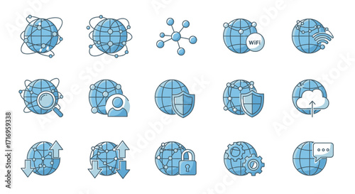 Global Network and Internet Technology Doodle Icon Set.