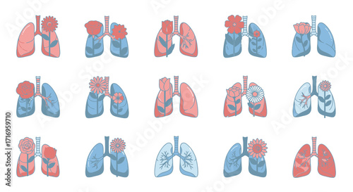 Lungs with Flowers Illustration Set.