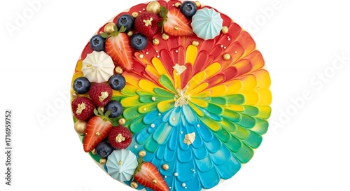 Colorful Rainbow Swirl Cake Decorated with Fresh Berries and Meringue Toppings