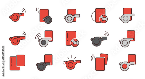 Referee Whistle and Red Card Icons Set for Sports and Game Officiating.