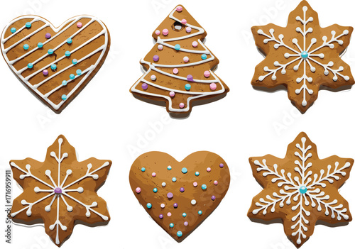 Christmas gingerbread cookies decorated with icing and sprinkles, festive holiday treats shaped as snowflakes, hearts, and Christmas tree designs