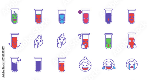Set of cartoon test tubes with faces expressing emotions.