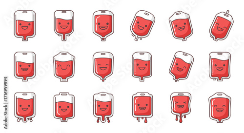 Set of Cute Cartoon Blood Bag Characters with Smiling Faces.
