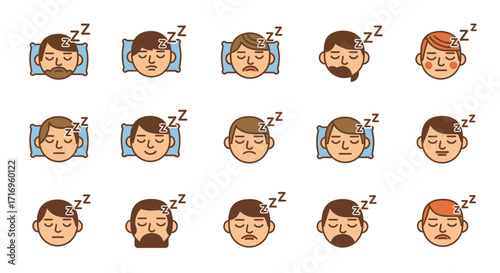 Sleeping Men Icons Diverse Hairstyles.