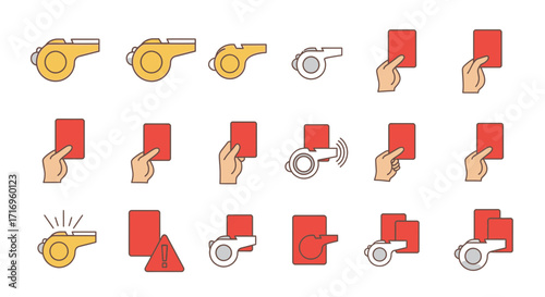 Soccer Referee Whistles and Red Cards Icons Set.