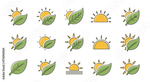 Sun and Leaf Icons Nature Ecology Set 1.