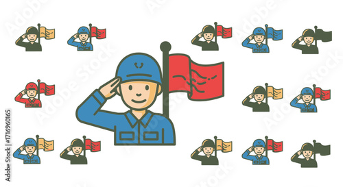 Soldier Saluting With Flag Icon Set.