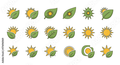 Sun and Leaf Icons Nature Ecology Set.
