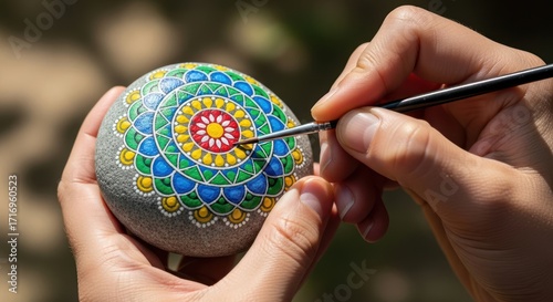 Close-up of hands painting a colorful mandala pattern onto a smooth gray stone with a fine-tipped brush.
