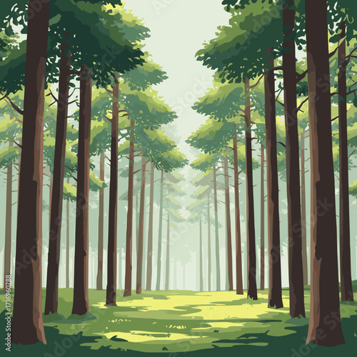 A vector illustration of a serene forest clearing with tall pine trees and soft sunlight filtering through, using solid colors and a white background