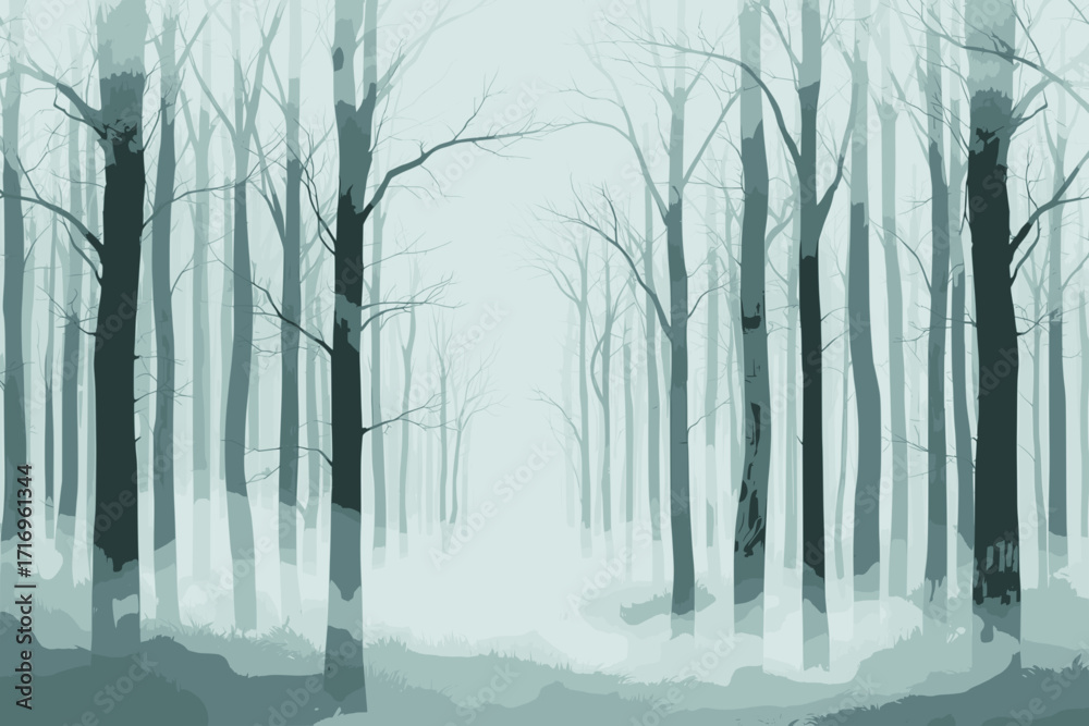 Fototapeta premium A vector illustration of a misty forest with tall trees and soft fog, using solid colors and a white background